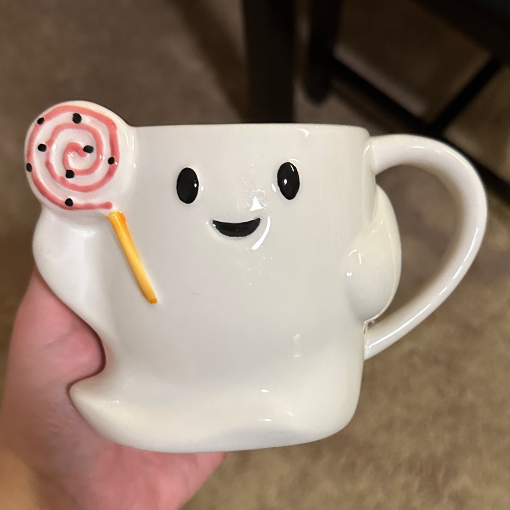 White Ghost Mug with Pink Lollipop Accent - Cute Ceramic Drinkware